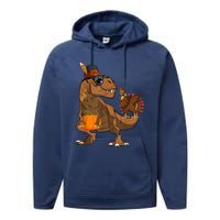 Thanksgiving Dabbing Turkey T Rex Dinosaur CostumeShirts Boys Performance Fleece Hoodie