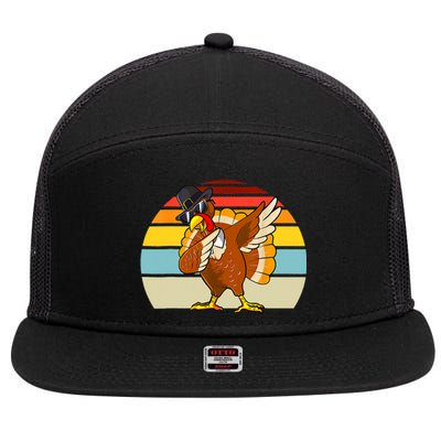 Turkey Day Thanksgiving Dabbing Pilgrim Vintage Retro 7 Panel Mesh Trucker Snapback Hat