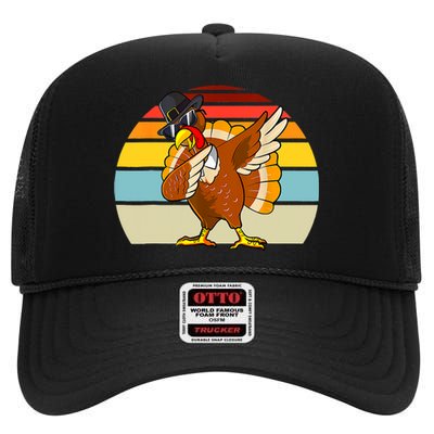 Turkey Day Thanksgiving Dabbing Pilgrim Vintage Retro High Crown Mesh Back Trucker Hat