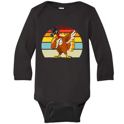 Turkey Day Thanksgiving Dabbing Pilgrim Vintage Retro Baby Long Sleeve Bodysuit