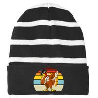 Turkey Day Thanksgiving Dabbing Pilgrim Vintage Retro Striped Beanie with Solid Band