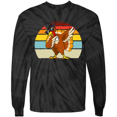 Turkey Day Thanksgiving Dabbing Pilgrim Vintage Retro Tie-Dye Long Sleeve Shirt