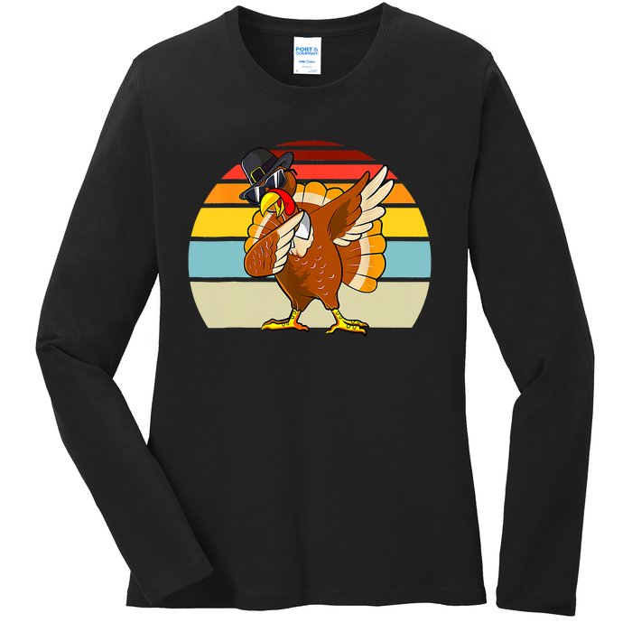 Turkey Day Thanksgiving Dabbing Pilgrim Vintage Retro Ladies Long Sleeve Shirt