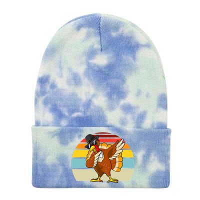 Turkey Day Thanksgiving Dabbing Pilgrim Vintage Retro Tie Dye 12in Knit Beanie