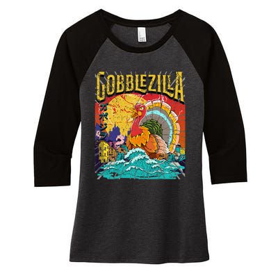 Turkey Day Thanksgiving Gobblezilla Women's Tri-Blend 3/4-Sleeve Raglan Shirt