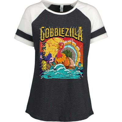 Turkey Day Thanksgiving Gobblezilla Enza Ladies Jersey Colorblock Tee