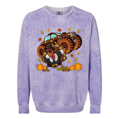 Thanksgiving Dabbing Turkey Monster Truck Gift Colorblast Crewneck Sweatshirt