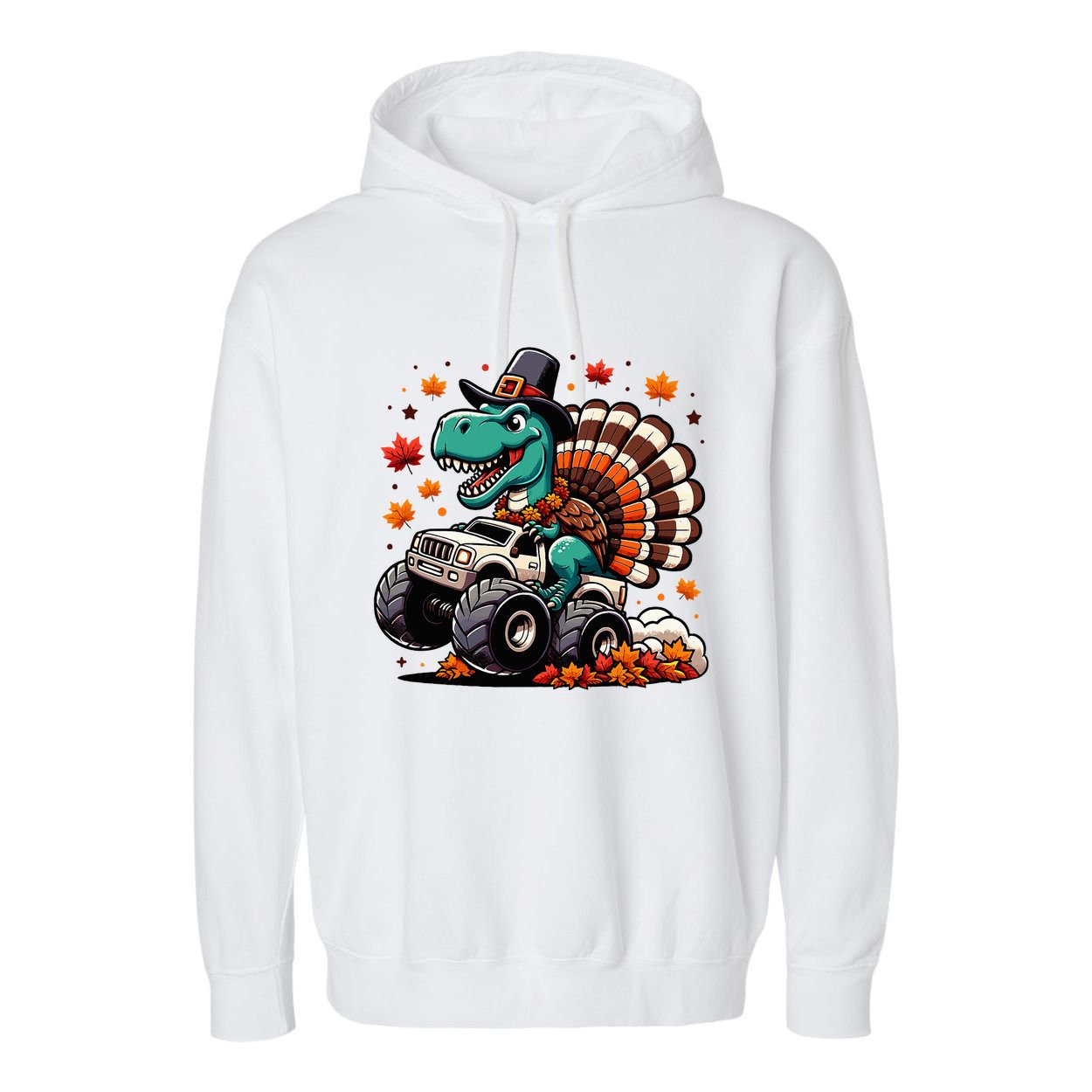 Thanksgiving Dinosaur T Rex Fall Truck Garment-Dyed Fleece Hoodie