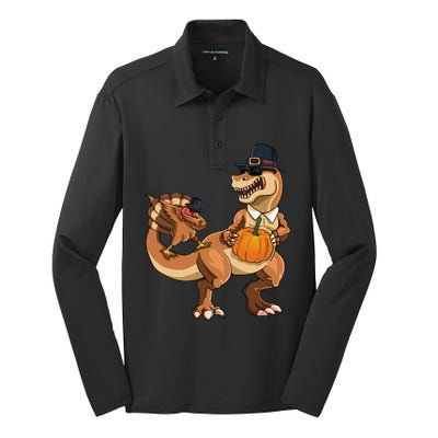 Thanksgiving Day TRex Dinosaur Gobble Dabbing Turkey Lover Gift Silk Touch Performance Long Sleeve Polo