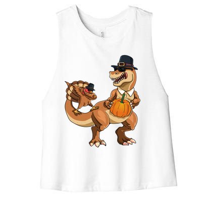 Thanksgiving Day TRex Dinosaur Gobble Dabbing Turkey Lover Gift Women's Racerback Cropped Tank