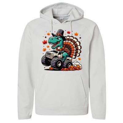 Thanksgiving Dinosaur T Rex Fall Truck Performance Fleece Hoodie