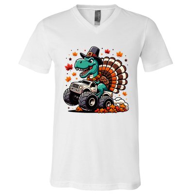 Thanksgiving Dinosaur T Rex Fall Truck V-Neck T-Shirt