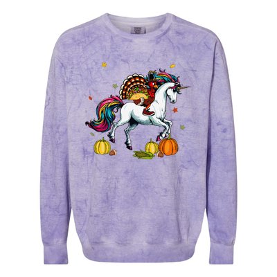 Turkey Delivering Taco On Unicorn Thanksgiving Food Lover Colorblast Crewneck Sweatshirt