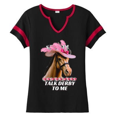 Talk Derby To Me Funny Horse Racing Lover On Derby Day Ladies Halftime Notch Neck Tee