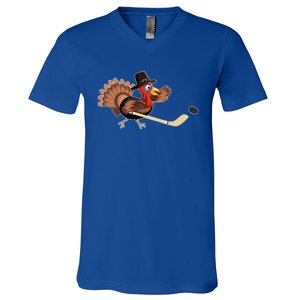 Thanksgiving Day Turkey Play Hockey Player Coach Fan Pilgrim Cool Gift V-Neck T-Shirt