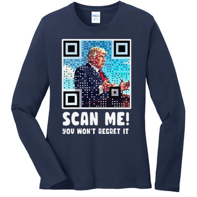 Trump Dance Troll Qr Funny President Trump Dance Code Back Ladies Long Sleeve Shirt