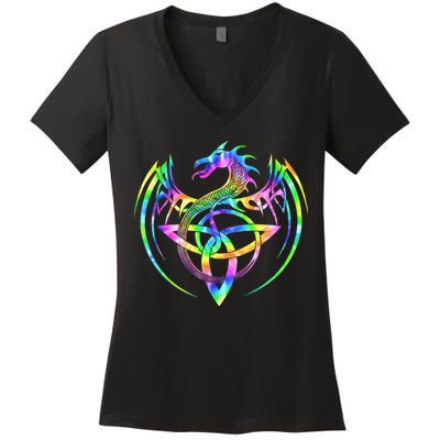 Tie Dye Tribal Celtic Knot Fantasy Dragon Women's V-Neck T-Shirt