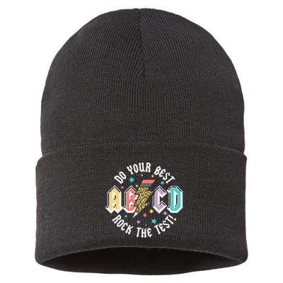 Test Day Teachers Boy Girl Abcd Rock The Test Testing Day Sustainable Knit Beanie