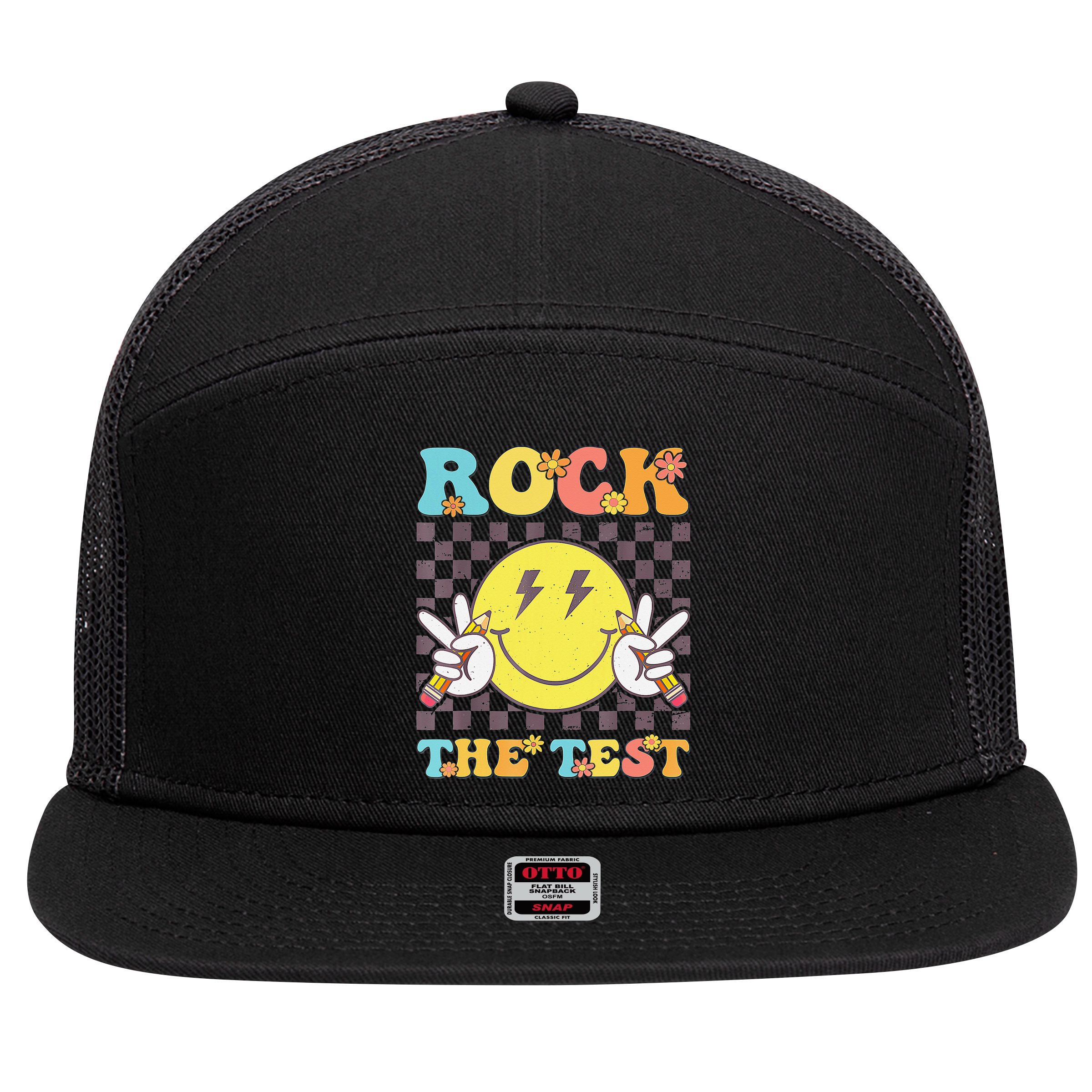 Testing Day Teacher Student Motivational Rock The Test 7 Panel Mesh Trucker Snapback Hat