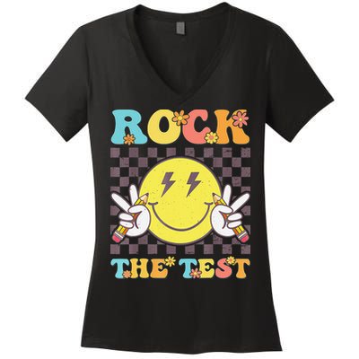 Testing Day Teacher Student Motivational Rock The Test Women's V-Neck T-Shirt