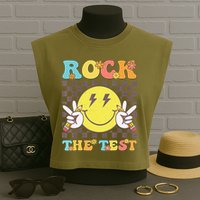 Testing Day Teacher Student Motivational Rock The Test Garment-Dyed Women's Muscle Tee
