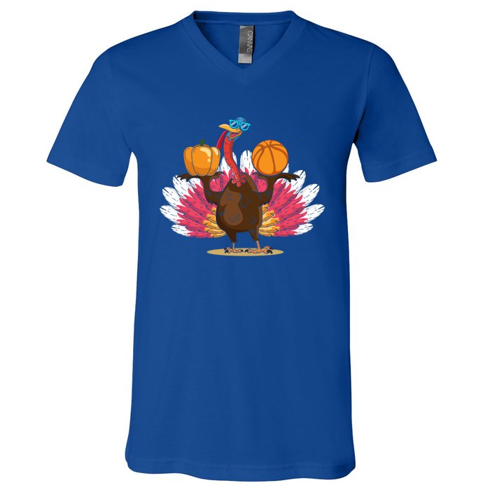 Thanksgiving Day Turkey Basketball Player Sports Lover Gift V-Neck T-Shirt