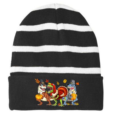 Thanksgiving Dinosaur Trex Turkey Rawr Gifts For Boy Striped Beanie with Solid Band