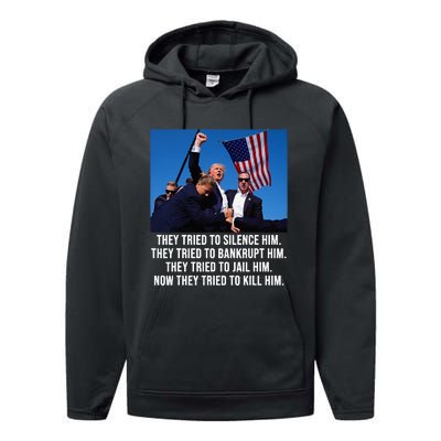 Trump Defiant Trump Shot Fist Pump Anti Biden Performance Fleece Hoodie