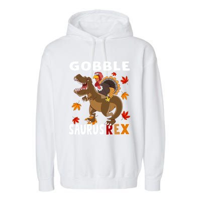 Thanksgiving Dinosaur Turkey Riding T Rex Boys Costume Great Gift Garment-Dyed Fleece Hoodie