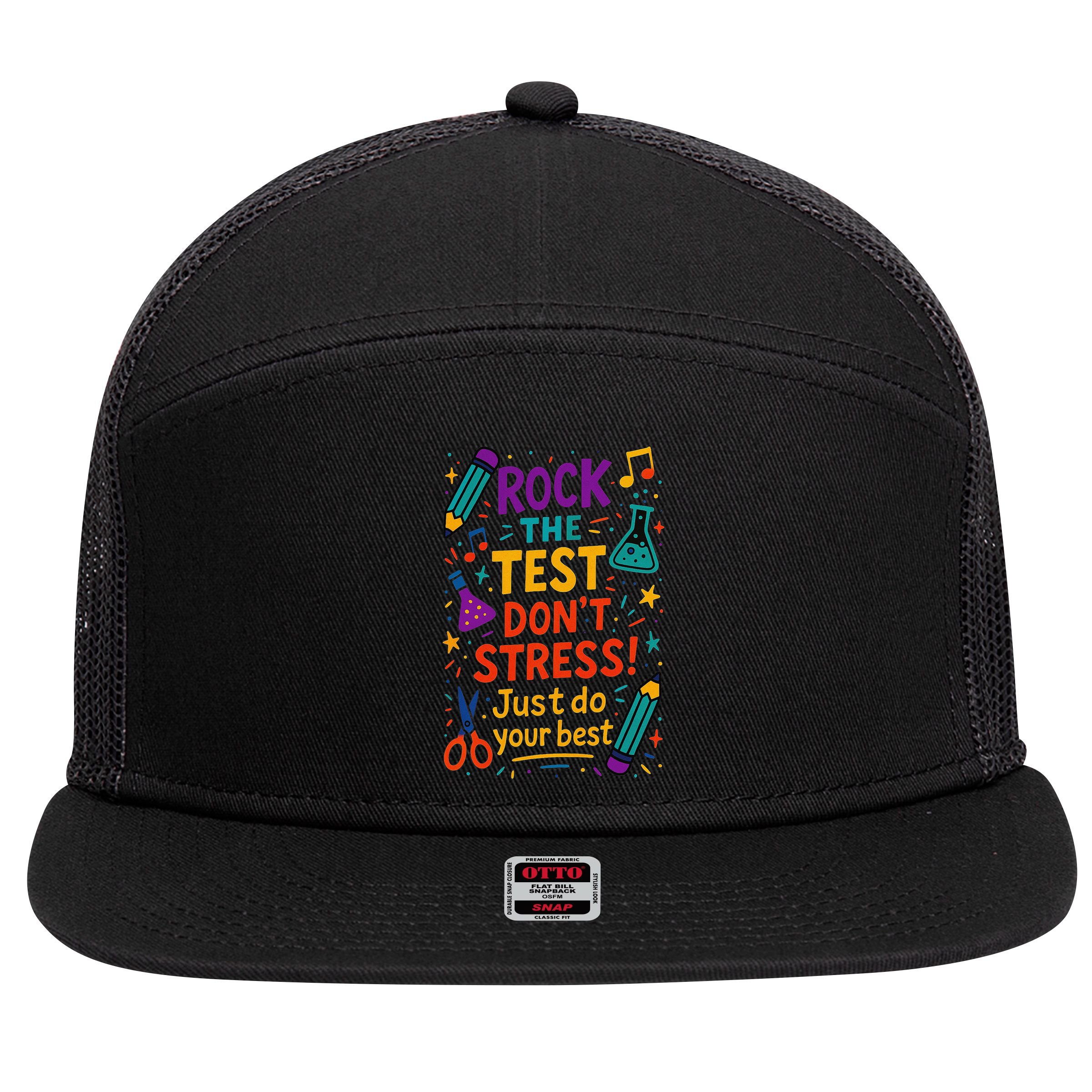 Testing Day Teacher Rock The Test Dont Stress Do Your Best 7 Panel Mesh Trucker Snapback Hat
