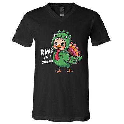 Thanksgiving Dinosaur Turkey Rawr IM A Dinosaur V-Neck T-Shirt