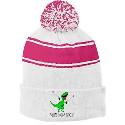 TRex Dinosaur What Now Bitch Funny Tyrannosaurus Rex TShirt Stripe Pom Pom Beanie