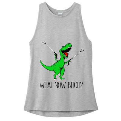 TRex Dinosaur What Now Bitch Funny Tyrannosaurus Rex TShirt Ladies PosiCharge Tri-Blend Wicking Tank