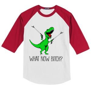 TRex Dinosaur What Now Bitch Funny Tyrannosaurus Rex TShirt Kids Colorblock Raglan Jersey