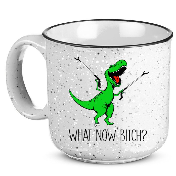 TRex Dinosaur What Now Bitch Funny Tyrannosaurus Rex TShirt 15oz Campfire Ceramic Mug