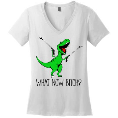 TRex Dinosaur What Now Bitch Funny Tyrannosaurus Rex TShirt Women's V-Neck T-Shirt