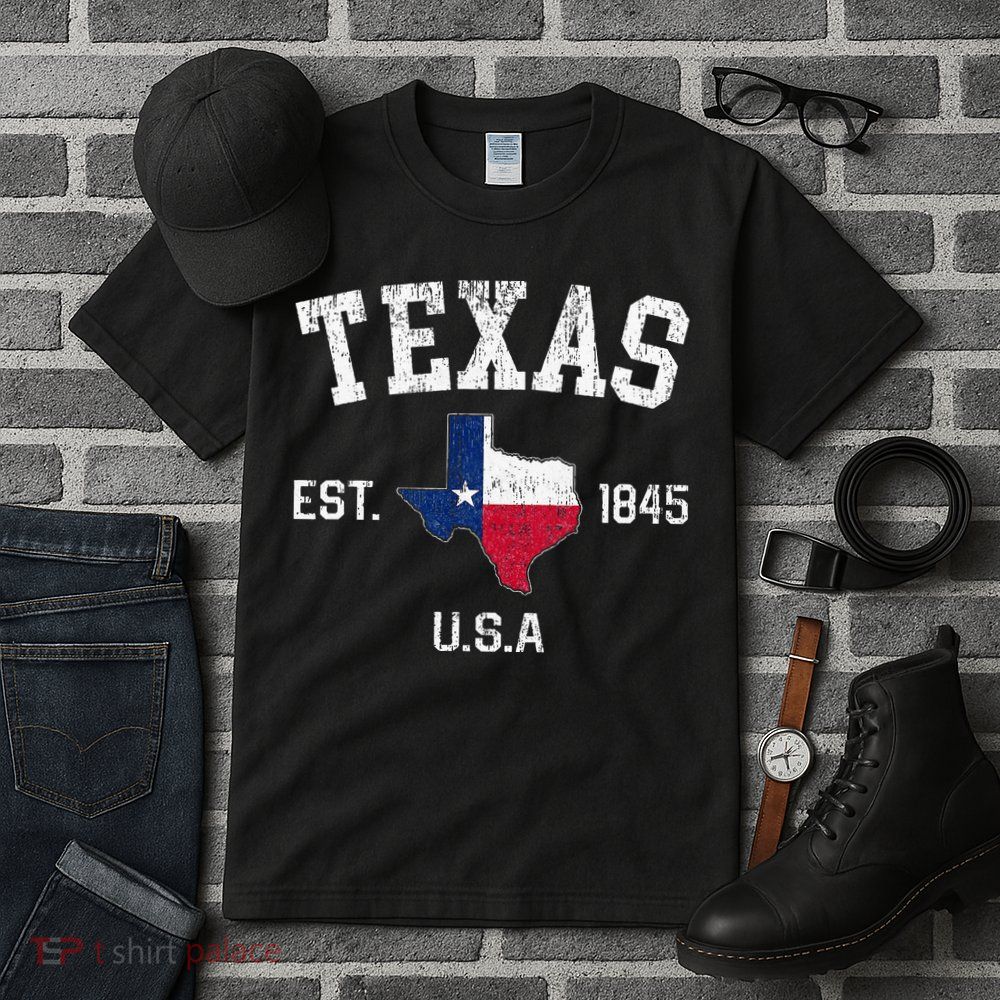 Texas Est 1845 Texas State Flag Map Texan Pride Tall T-Shirt