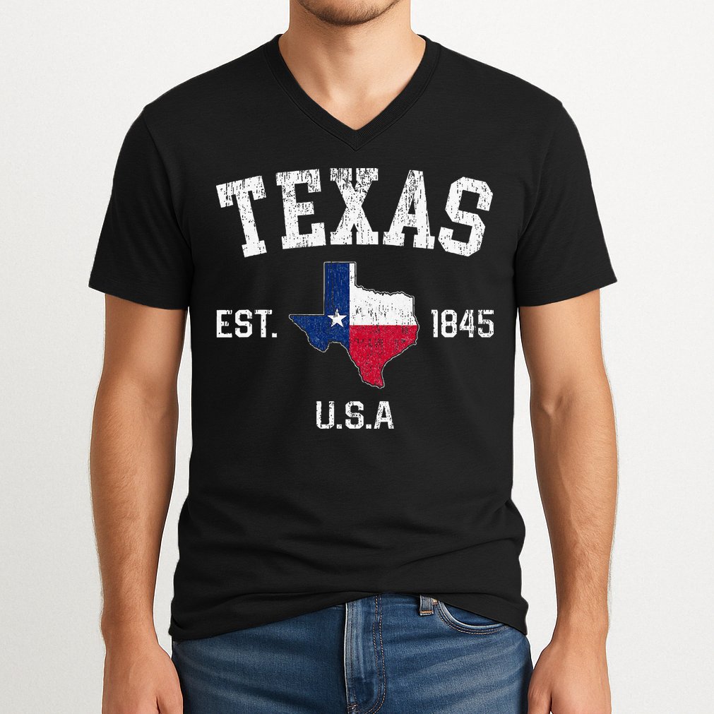 Texas Est 1845 Texas State Flag Map Texan Pride V-Neck T-Shirt