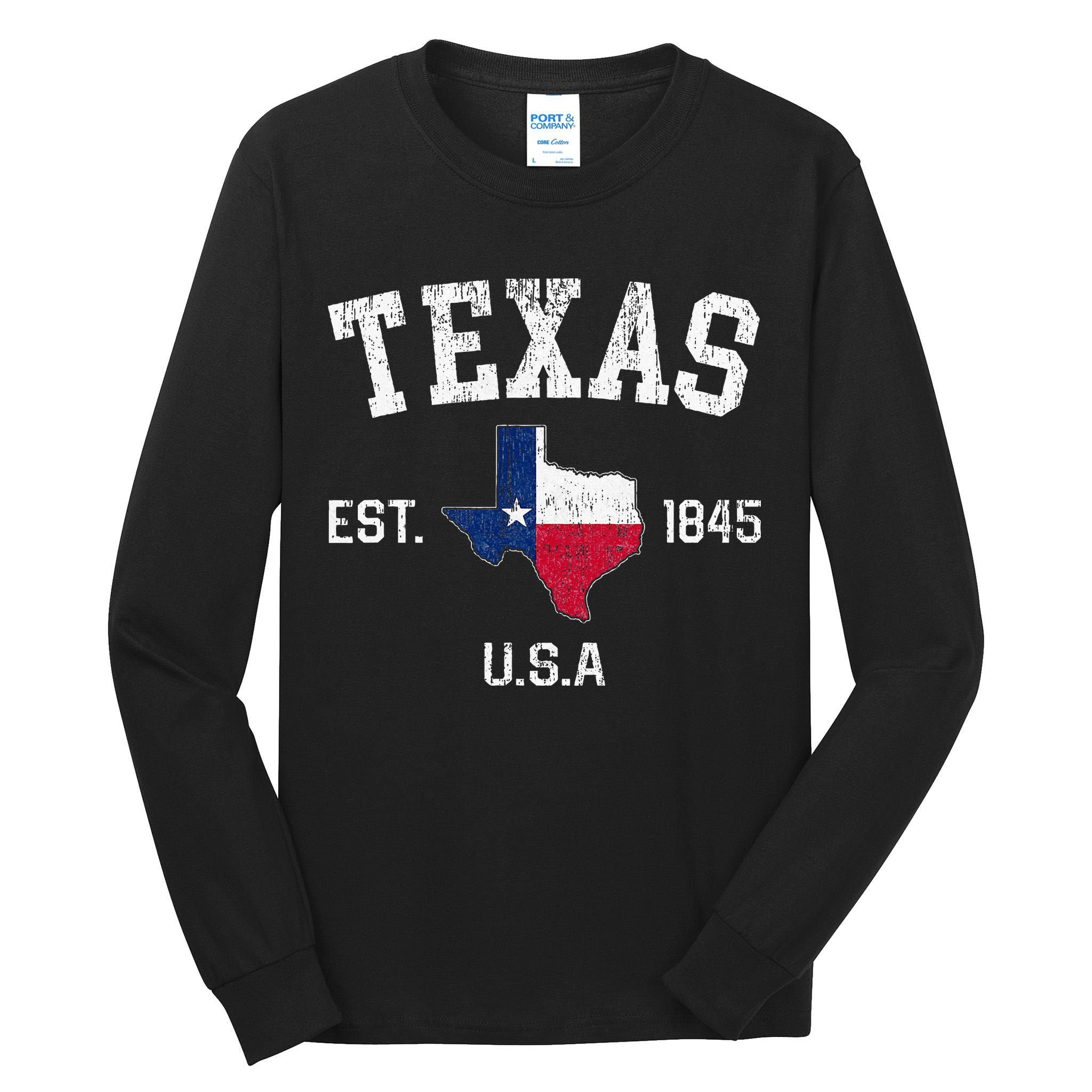 Texas Est 1845 Texas State Flag Map Texan Pride Tall Long Sleeve T-Shirt