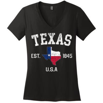 Texas Est 1845 Texas State Flag Map Texan Pride Women's V-Neck T-Shirt