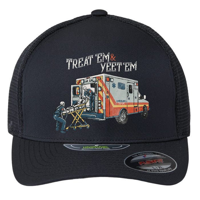 Treat Em And Yeet Em Skeleton Ambulance Funny Flexfit Unipanel Trucker Cap