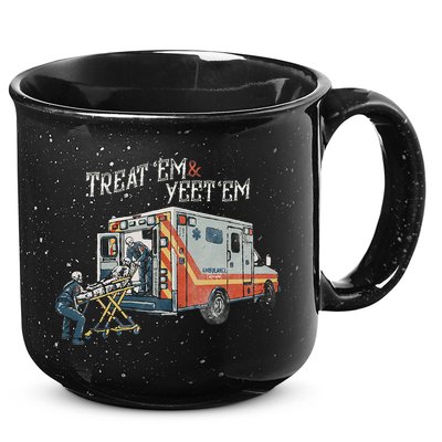 Treat Em And Yeet Em Skeleton Ambulance Funny 15oz Campfire Ceramic Mug
