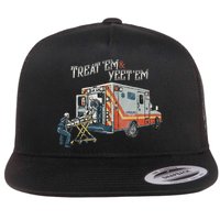 Treat Em And Yeet Em Skeleton Ambulance Funny Flat Bill Trucker Hat