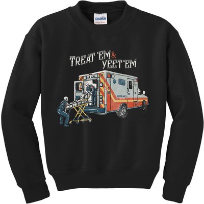 Treat Em And Yeet Em Skeleton Ambulance Funny Kids Sweatshirt