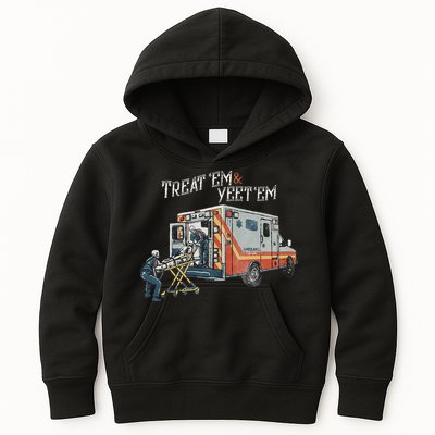 Treat Em And Yeet Em Skeleton Ambulance Funny Kids Hoodie