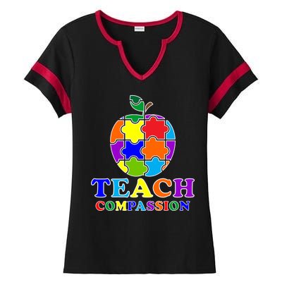 Teach Compassion Autism Awareness Teacher Apple Puzzle Ladies Halftime Notch Neck Tee