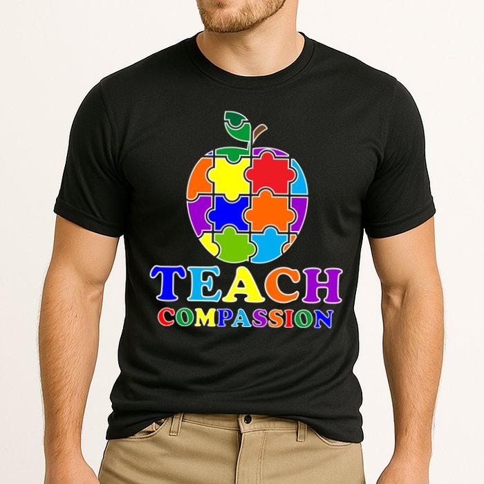 Teach Compassion Autism Awareness Teacher Apple Puzzle Cooling Performance Crew T-Shirt