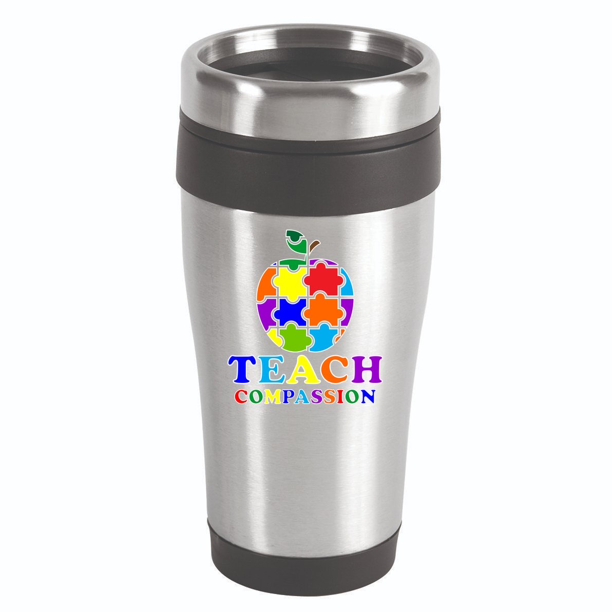 Teach Compassion Autism Awareness Teacher Apple Puzzle 16oz Travel Tumbler