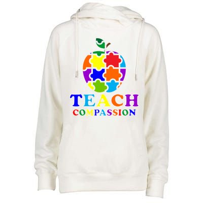 Teach Compassion Autism Awareness Teacher Apple Puzzle Womens Funnel Neck Pullover Hood