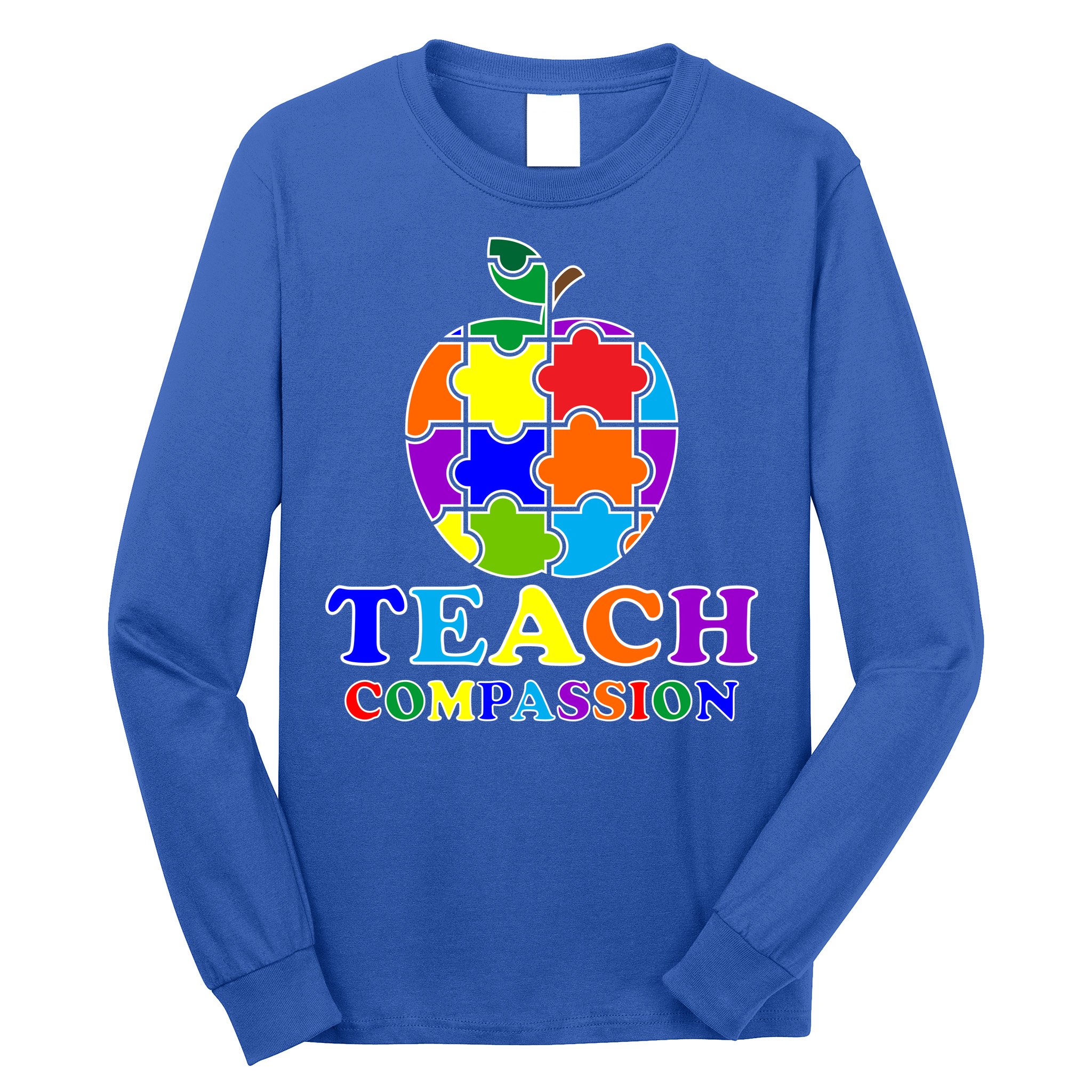 Teach Compassion Autism Awareness Teacher Apple Puzzle Long Sleeve Shirt